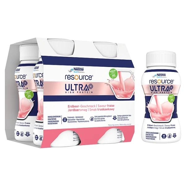 Resource Ultra+ High Protein, produkt odżywczy wysokobiałkowy, wysokoenergetyczny, smak truskawkowy, 4x200ml