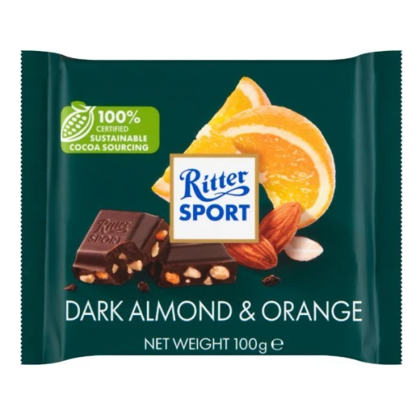 Ritter Sport, Dark Almond & Orange, czekolada deserowa z siekanymi migdałami i kawałkami skórki z pomarańczy, 100g