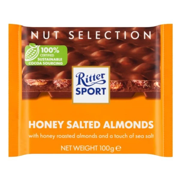 [DATA - 2026-11-20] Ritter Sport, Honey Salted Almonds, czekolada mleczna z prażonymi solonymi migdałami w polewie o smaku miodowym, 100g