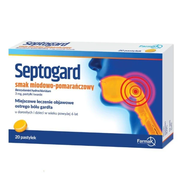 Septogard 3mg, smak miodowo-pomarańczowy, 20 pastylek do ssania