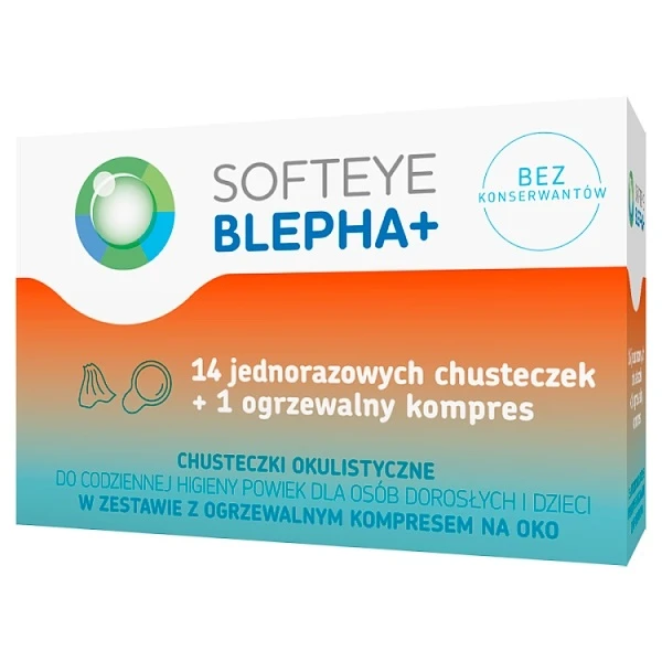Softeye Blepha+, chusteczki okulistyczne, 14 sztuk + ogrzewany kompres