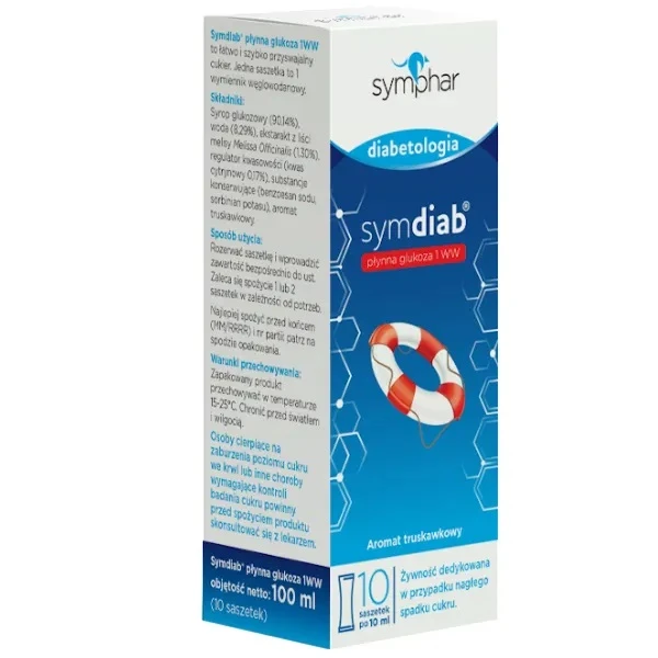 Symdiab, płynna glukoza 1WW, aromat truskawkowy, 10 saszetek po 10ml