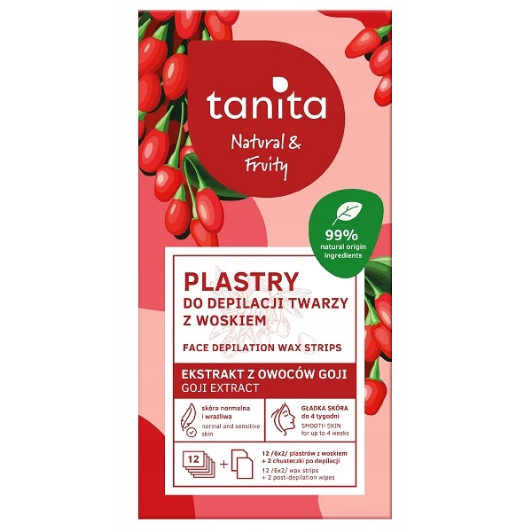 Tanita Natural & Fruity, plastry do depilacji twarzy z woskiem, z ekstraktem z owoców goji, 12 sztuk