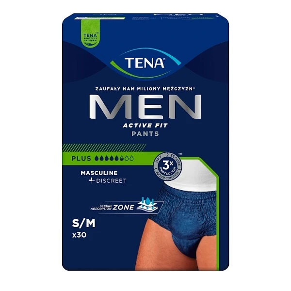 Majtki chłonne Tena Men ActiveFit Pants Plus, rozmiar S/M, chłonność 5,5/8, 30 sztuk