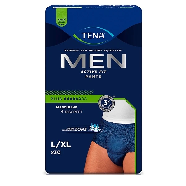 Majtki chłonne Tena Men ActiveFit Pants Plus, rozmiar L/XL, chłonność 5,5/8, 30 sztuk