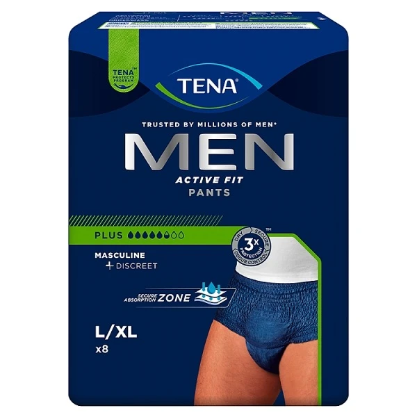 Majtki chłonne Tena Men ActiveFit Pants Plus, rozmiar L/XL, chłonność 5,5/8, 8 sztuk