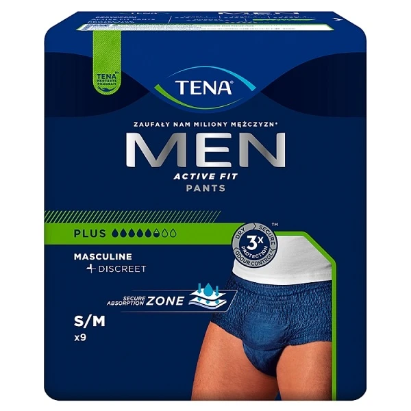 Majtki chłonne Tena Men ActiveFit Pants Plus, rozmiar S/M, chłonność 5,5/8, 9 sztuk