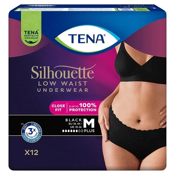 Majtki chłonne Tena Silhouette Plus Black, rozmiar M, chłonność 6/8, 12 sztuk