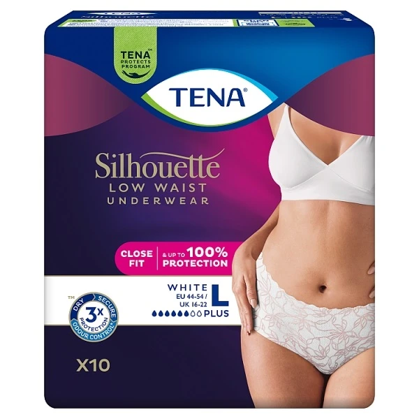 Majtki chłonne Tena Silhouette Plus White, rozmiar L, chłonność 6/8, 10 sztuk