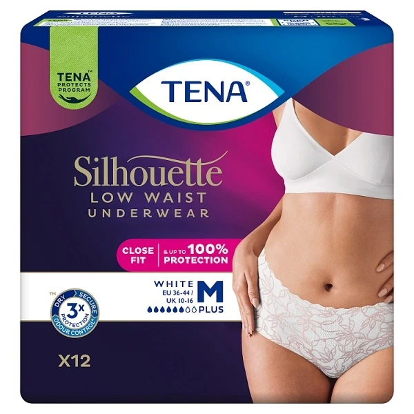 Majtki chłonne Tena Silhouette Plus White, rozmiar M, chłonność 6/8, 12 sztuk