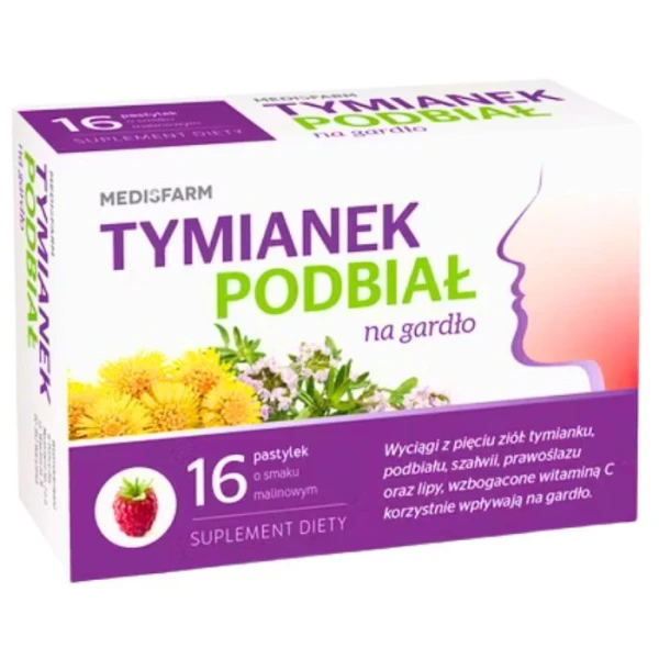 Tymianek i podbiał na gardło, smak malinowy, 16 pastylek do ssania