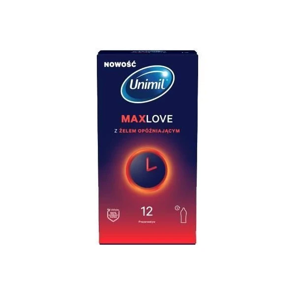 Unimil, prezerwatywy lateksowe Max Love, z żelem opóźniającym, 12 sztuk
