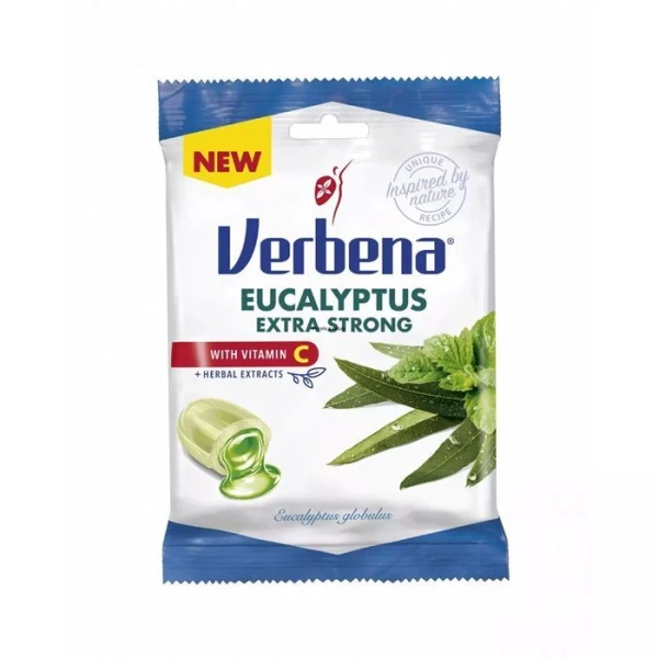 Verbena Eucalyptus Extra Strong, nadziewane ziołowe cukierki z eukaliptusem, mentolem i witaminą C, 60g