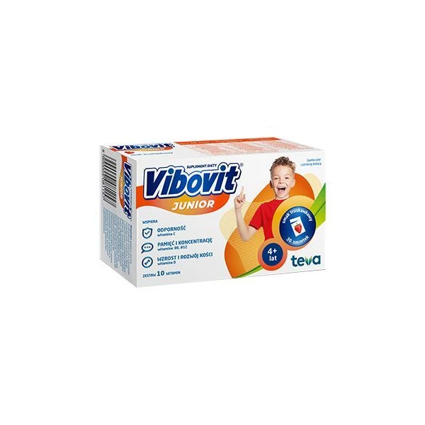 Vibovit Junior, proszek, smak truskawkowy, dla dzieci w wieku 4-12 lat, 30 saszetek