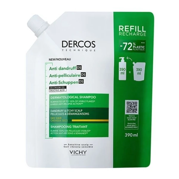 Vichy Dercos Anti Dandruff DS, szampon przeciwłupieżowy, włosy suche, eco-refill, 390ml