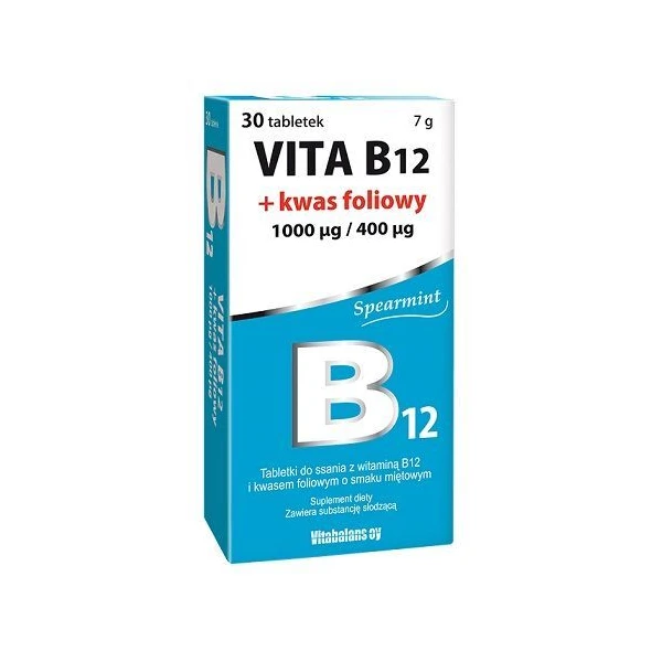 Vita B12 + kwas foliowy, smak miętowy, 30 tabletek do ssania