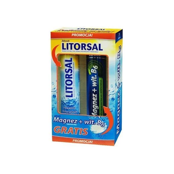 Zdrovit Litorsal, smak cytrynowo-miętowy, 24 tabletki musujące + Zdrovit, Magnez z witaminą B6, smak cytrynowy, 24 tabletki musujące